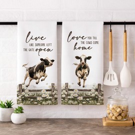 Farmhouse Funny Cow Kitchen Towels Set of 2,Live Like Someone Left The Gate Open Decorative Dish Towels Gift for Bathroom Farmer,Rustic Cottage Floral Hand Tea Bar Towel for Home Farm 16x24in