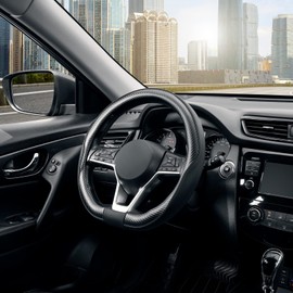 SEG Direct Flat Bottom Steering Wheel Cover Carbon Fiber, D Shaped Car Wheel Cover 14 1/2-15 in. (37-39 cm), Black Microfiber Leather with Carbon Fiber Pattern