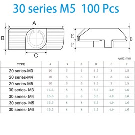 100 Pcs 3030 Series M5 T Nuts, T Slot Nut Hammer Head Fastener Nut, Nickel Plated Carbon Steel Nut for Aluminum Profile (3030 Series M5)