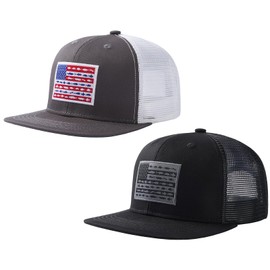 Bassdash 2 Pack Flat Brim Trucker Cap Adjustable Snapback Hat Mesh Back for Men Women Fishing Hunting, Pack of 2, Charcoal Grey & Black/Fish Flag