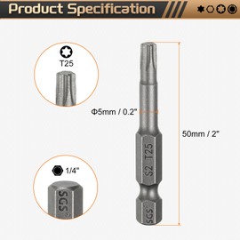 HARFINGTON 5pcs T25 Torx Head Screwdriver Bit 1/4" Hex Shank 2" (50mm) Long Magnetic No Hole Tip Tamper Proof 6 Point Star Screw Driver Drill Bits S2 Steel Industrial Power Screwdrivers