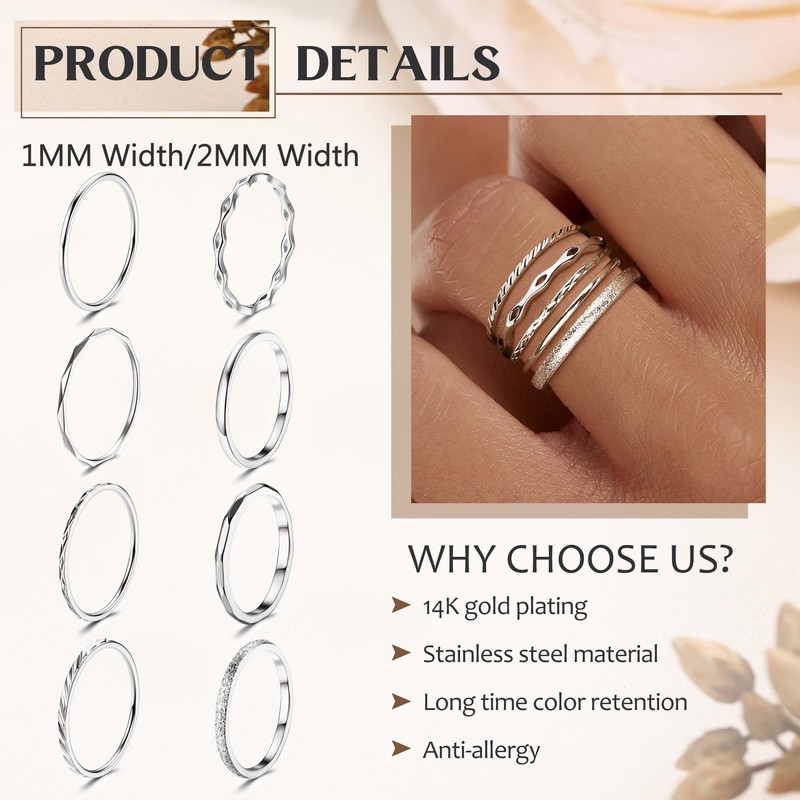 Kakonia 8Pcs 1MM 2MM Stainless Steel Rings for Women Men