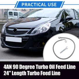 VekAuto 4AN Turbo Oil Feed Line 24" Turbo Feed Line Length,Braided AN4 90 Degree Straight Hose Universal for Car Durable Stainless Steel Silver Tone
