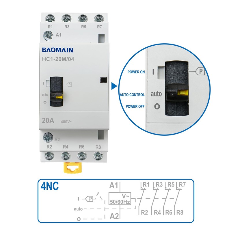 Baomain 220V AC 4-Pole Contactor, 20A 4NC Normally Closed, DIN