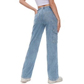 Tapata Women's 26"/28"/30"/32"/34" Cargo Jeans Straight Leg Short Petite Regular Tall Denim Y2K Pants Light Blue, L
