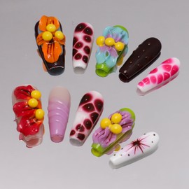 RIICFDD Thick Press on Nails Handmade Nails Long Coffin Fake Nails with Glue,Tropical Flower Art False Nails with Water Droplet Pattern Designs Reusable Nature Stick on Nail for Wome (Size M)