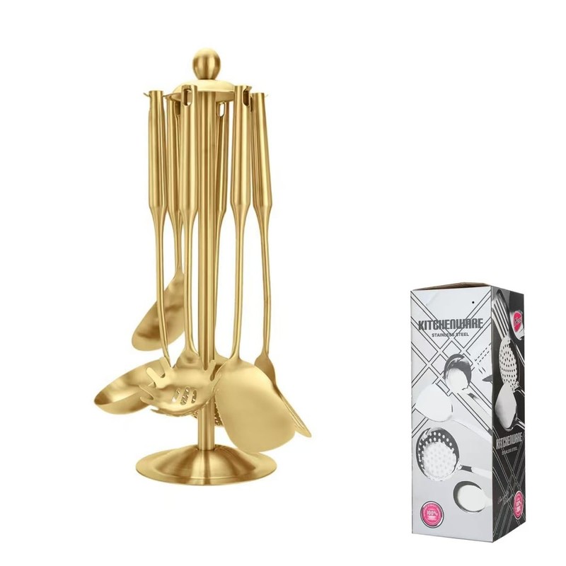 Premium 7-Piece Gold Kitchen Utensil Set with Stand, Stainless Steel