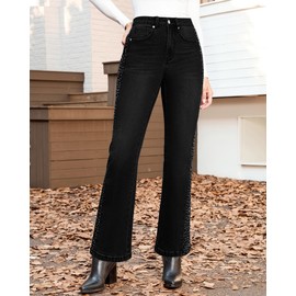 GRAPENT Glitter Jeans Sparkling for Women Rhinestone Cowgirl Bellbottoms New Years Eve Outfits Sparkly Washed Black Womens Flare Jeans, Washed Black, L, US Size 12 to 14
