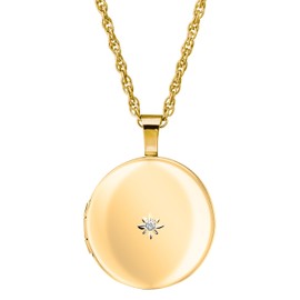 14KT GF Round Polished Locket with Genuine Diamond, 18"