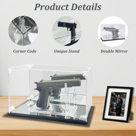 Pistol Display Case, Clear Acrylic Gun Display Case with Pistol Display Stand,Single Handgun Revolver Case with Double Mirror & Black Wood Plastic Base, Dust-Proof&UV Protection for Gun