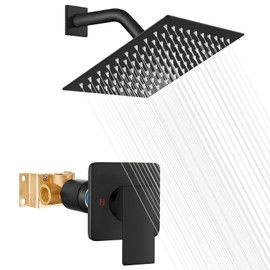 Heyalan Shower Head and Handle Set Square Shower Faucet Set Bathroom Rainfall Shower System Stainless Steel Showerhead Single Function Shower Trim Kit,Female Thread Valve,Matte Black