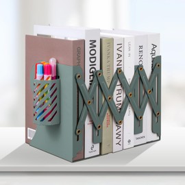 Honagu Adjustable Bookends, Metal Book Ends for Shelves Heavy Book, Desk Magazine File Organizer for Home, Office, Books, Papers, Extends up to 19 inches with Pen Holder (Green)