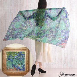 [Anemos] 100% Silk Impressionist Vincent Van Gogh Iris Chiffon Silk Large Famous Painting Stole Gift, green