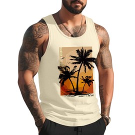 Mens Tank Top Beach Tank Tops for Men Graphic Hawaiian Palm Tree Vacation Sleeveless Shirts for Men Workout Muscle Gym Running Tank Top Men Mens Tank Tops Summer Yellow Medium