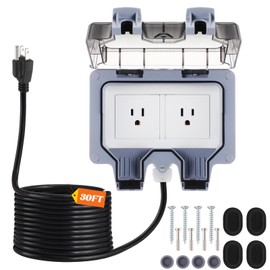 Kanayu Outdoor Outlet Box with 30ft Extension Cord, Dual 15 AMP 5-15 Receptacles Weatherproof Waterproof IP66 Outdoor Exterior Socket with Cover, 14 AWG/3C SJTW Cord