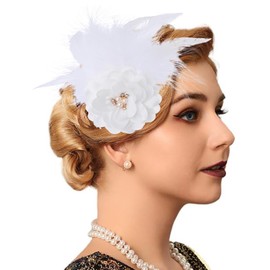 Flayem 1920s Feather Hair Clip Fascinator Gastby Flower Rhinestone Pearl Prom Costume Hair Accessory for Women (White-B)