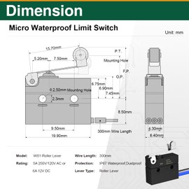 3PCS Waterproof Micro Limit Switch, SPDT 1NO 1NC, IP67 Sealed Roller Lever, 5A 250VAC, V-W1-1C25