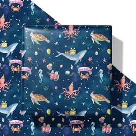 SaringSwoon Ocean Birthday Wrapping Paper for Boys Girls Kids - Navy Blue Gift Wrap with Whales, Octopus, Seahorse and Happy Birthday on Galaxy Design for B-Day Baby Shower - 40×28 Inches, 4 Sheets
