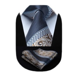 HISDERN Extra Long Floral Paisley Tie Handkerchief Men's Necktie & Pocket Square Set, XL, 63 inches length, Brown / Navy Blue