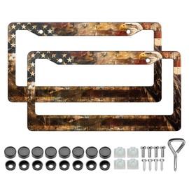 Retro American Flag Eagle License Plate Frame - 2 PCS Vintage US Flag Eagle License Plate Holder, Rust-Proof Aluminum License Plate Cover Decoration with Screws Caps for Standard Us 12x6 Inch