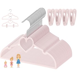 Kids Pink Velvet Clips Hangers - 13inch 50 Pack Toddler Hanger with 20pcs Movable Clips, Stackable Non-Slip Heart Flocked Hangers Fit for Baby and Children Clothes, Heavy-Duty and Space-Saving(Silver)
