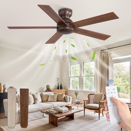 48 Inch Low Profile Ceiling Fan without Lights, Brown Farmhouse Ceiling Fan no Light, 6-Speeds, Quiet Reversible DC Motor, Indoor/Outdoor Ceiling Fans with Remote for Patio, Living Room, Bedroom
