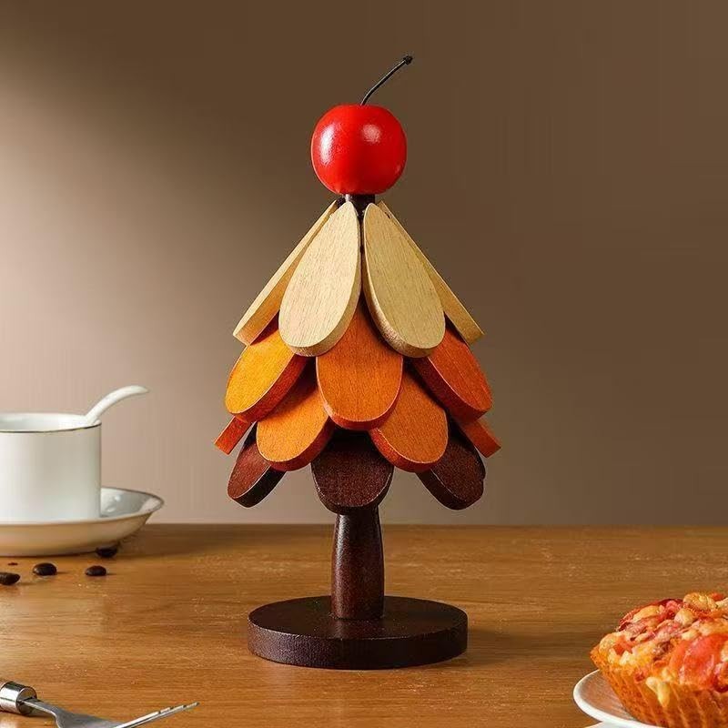 4 Sets in Wooden Apple Tree Trivets for Hot Dishes,