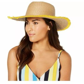 INC Tan and Yellow Tweedy Color Blocked Pop Fray Edge Floppy Sun Hat NEW