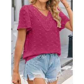 Falechay Tops for Women Trendy Summer V Neck Shirts Short Fashion 2025 Hot Pink Peasant Tunic Tops Spring Flowy Babydoll Lace Tassel Swiss Dot Bohemian Country Clothing M