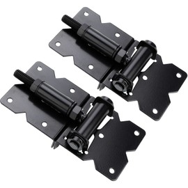 Dreamxiang Self Closing Gate Hinges Adjustable Heavy Duty Hardware 90 Degree Gate Hinges Kit for Wood/Vinyl/Metal/Outdoor Fence, with Self-Tapping Screws and Swing Adjuster Tool, 2-Pack, Black Finish