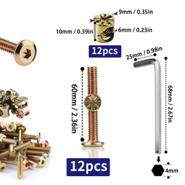 SWTYExt 12pcs Furniture Screws M6x60 mm Include Bed Bolts 60 mm Barrel Nuts M6 with Hex Key Furniture Bolts Zinc Plated Screws M6 Hex Socket Head Bed Screws and Bolts for Beds Cots Chairs