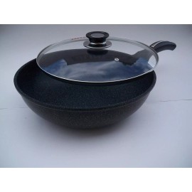 KW Ceramic Marble Coated Cast Aluminum Non Stick Wok With Glass Lid 24 CM