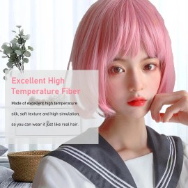 Unbranded Short Pink Bob Wig Headgear Fluffy Short Straight Bob Wig With Bangs For GJPT
