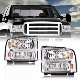 GRAND ORANGE Headlights Assembly Compatible with Ford F250 F350 F450 F550 Super Duty 1999-2004 / Fit Ford Excursion 2000-2004 Headlamp Clear lens Amber Reflector 1C3Z13008BA