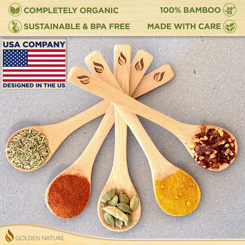 Golden Nature Bamboo Spoon Set (5 Pc), Small Kitchen Teaspoons,