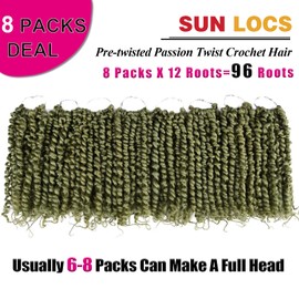 8 Packs Pre-twisted Passion Twist Crochet Hair for Black Women 8 Inch Passion Twist Hair Pre-looped Crochet Braids Bohemian Hair Synthetic Braiding Hair Extensions(12Strands/Pack,Olive Green#)