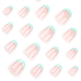 Vopintpy Green French Tip Press on Nails Medium Oval Fake Nails Mirror Acrylic Glue on Nails Reusable Full Cover Stick on Nails for Women DIY Manicure Decoration