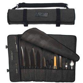 Asaya Bolsa enrollable para cuchillos de chef de lona, 10 ranuras para cuchillos y un bolsillo grande con cierre, funda duradera para cuchillos de lona de 10 onzas con una correa ajustable para el hombro, cuchillos no incluidos