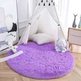 MARATIP Bedroom Plush Rug, Round, Fluffy Rug for Living Room, Large Size, Modern Living Room, Girls, Soft and Fluffy Rug for Bedroom (Purple, Diameter 120 cm, Round)