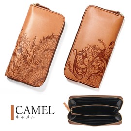 Red Grow RG-006 Men's Long Wallet, Made in Japan, Tochigi Leather, Genuine Leather, Round Zipper, Phoenix, Japanese Pattern, Camel