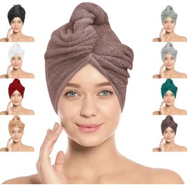 LOOM KNIT LOOMKNIT Hair Towel Wrap Lightweight Turban, Instant Drying 100% Cotton Cap Super Quick Absorbent Anti-Frizz Twist Toweling Dry Hat Button and Loop Long Curly Hairs, 64 x 24CM, Light Brown