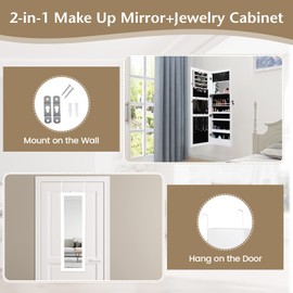 COSTWAY 12 LEDs Jewelry Cabinet, Wall/Door Mounted Jewelry Organizer Cabinet with 53.5” Full Length Mirror & Large Storage Capacity, Lockable Mirror Jewelry Armoire for Women Girls (White)