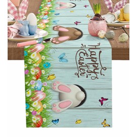 Spring Easter Table Runner, Funny Bunny Tails Rabbit Cotton Linen Tablecloth Farmhouse Table Decor for Home,Kitchen,Dining Room,Indoor,Outdoor,13X90 Inches Long, Floral Farmhouse