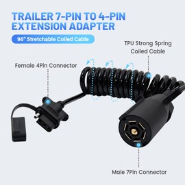 MECMO 7 Way Blade to 4 Way Flat Trailer Adapter Coiled Wiring Harness 7.5ft Male 7 Pin to 4 Pin Trailer Extension Cord Jacketed Cable Heavy Duty 18AWG Copper 7 to 4 Wire Trailer Connector Plug 90 inch