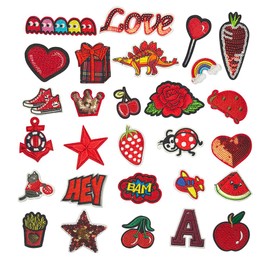 Libiline 30pcs Random Assorted Styles Embroidered Patch Sew On/Iron On Patch Applique Clothes Dress Plant Hat Jeans Sewing Flowers Applique DIY Accessory (Red, Mix)