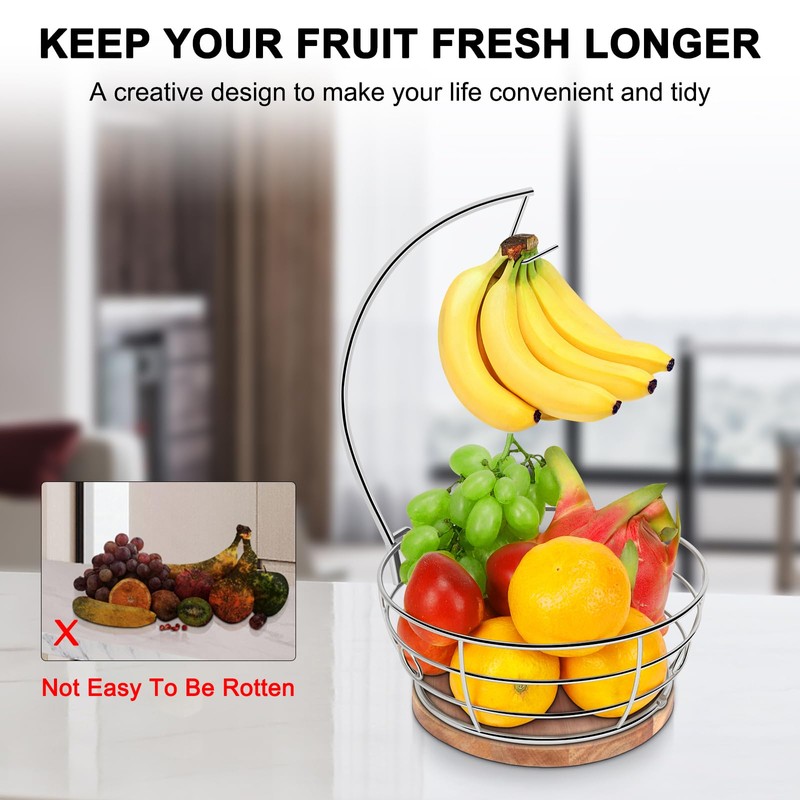 Livabber Countertop Fruit Basket Bowl with Banana Hanger, Modern Standing