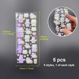 UMCHU 5 Sheets of 3D Laser Stickers, Bear, Rabbit, Butterfly, Dark Heart, Ice Cream Stickers, Shiny Resin Stickers, for DIY Scrapbook, Laptop (5 Styles)