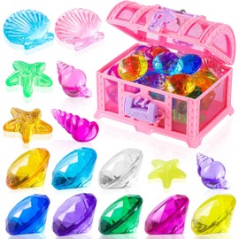 28-Piece Diving Jewel Pool Toy, Summer Swimming Diving Toy for Children, Swimming Pool Toy Set with Treasure Chest, Sea Animals Gemstone, Colourful Diving Gemstones for Children, Girls, Boys