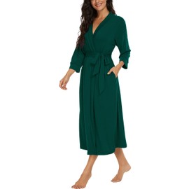 PrinStory Women's Bathrobe, Lightweight, 3/4 Sleeve, Dressing Gown, V-Neck, Kimono Robe, Long Sleepwear, dark green