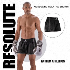 Anthem Athletics Resolute Muay Thai Shorts - Kickboxing Short Boxing Trunks for Men & Women - Black & Grey - X-Large